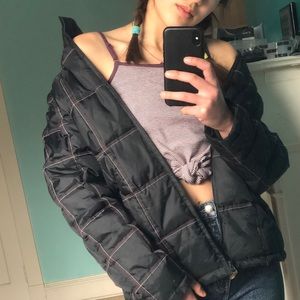 vintage plaid / striped black puffer jacket